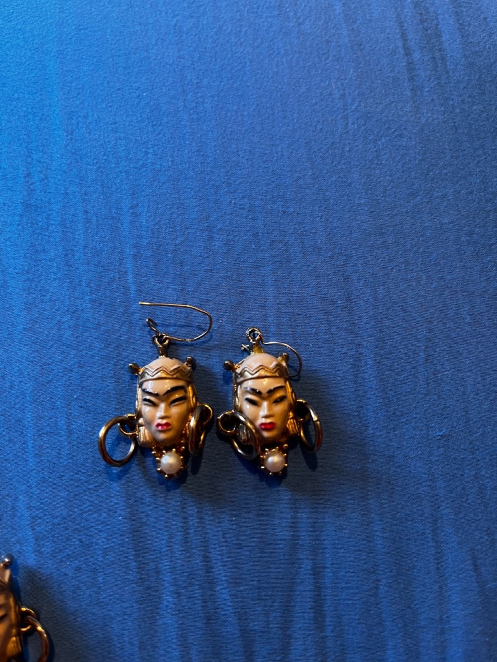 Hand-Painted Asian-Inspired Face Drop Earrings and pin in Gold and Cream